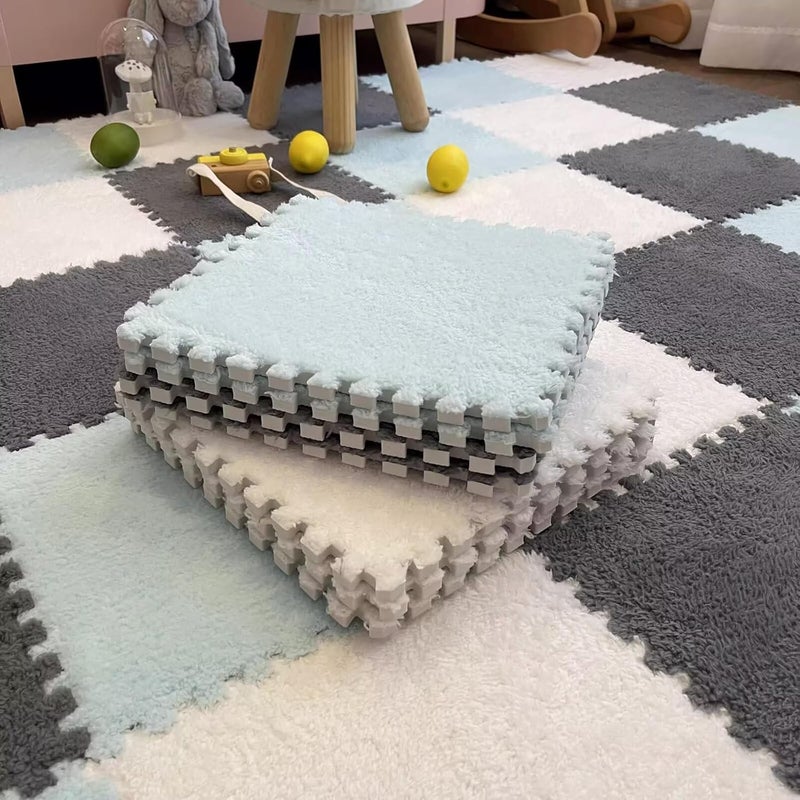 Typutomi 12pcs Plush Puzzle Foam Floor Mat, Cute Soft Fluffy Interlocking Square Foam Tiles Area Rugs Carpet for Parlor Bedroom Decoration(11.8x11.8x0.4in, Grey&White&Light Blue) - Image 5